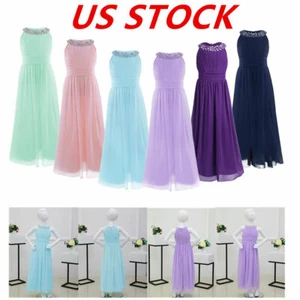 US Kid Girls Chiffon Tulle Long Maxi Princess Ball Prom Party Gown Wedding Dress - Picture 1 of 40