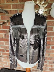 Neu mit Etikett fabelhafte Statement-Jacke Gunmetal Pailletten Fransen Größe L - Bild 1 von 7