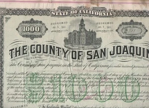 Large 1890s Graphic 1000 Dollar Bond from San Joaquin County CA - Imagen 1 de 3