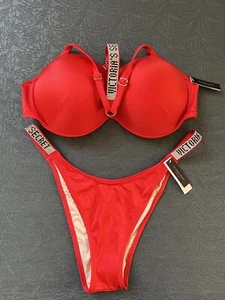 Victoria Secret Shine Strap Fabulous Push Up Top Brazilian Swim Set Red 36DD XL - Picture 1 of 8