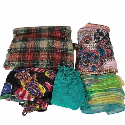 Lot of Scarves Colorful Lot of 5 Blue Black Purple Pink Boho Fringe Foto 1 de 4