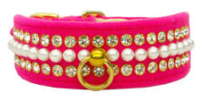 Elegant RHINESTONE Luxury Mini Pearl 2 row Jewel DOG COLLAR Handmade Pink Velvet