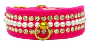 Elegantes STRASS Luxus Mini Perle 2 Reihen Juwel HUNDEHALSBAND Handarbeit rosa Samt - Bild 1 von 1