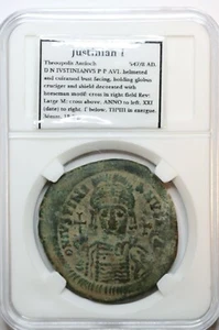 BYZANTINE EMPIRE - 547-548 AE Follis Justinian I Antioch M on reverse 36mm #1975 - Picture 1 of 2