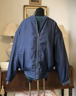 Mens Silk Bomber Jacket Large Blue Zip Up Vintage 90s Zip Up Casual Padded - Image 1 of 4