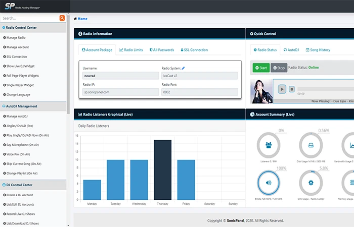 Sonic Panel Online Radio Hosting  Shoutcast  - Image 1 of 1
