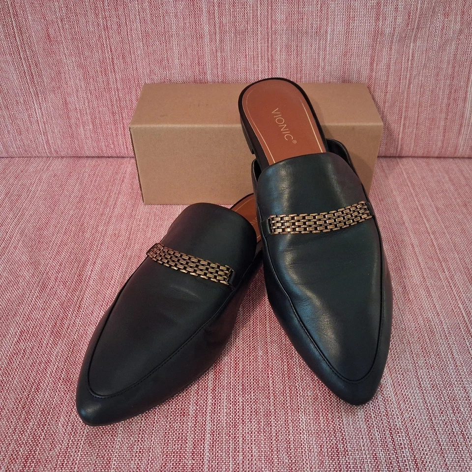 Vionic Starling Black Leather Mules Gold Trim size 10 - Image 1 of 4