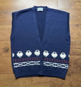 VTG Pendleton Women's Blue Sheep Print Wool Cardigan Sweater Vest - Size 1X - Picture 1 of 7