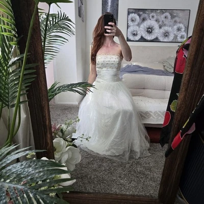 Vestido Jessica McClintock Gunne Sax sin tirantes marfil dorado bordado tul 5/6 Foto 1 de 4