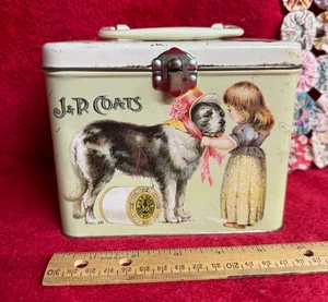 J & P Coates Lata con Tapa Adjunta Diseño Antiguo Niña y Perro - Imagen 1 de 7