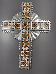 Mexican Wall Cross Silver Tone Tin Talavera Floral Tile - Picture 1 of 3