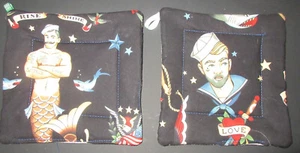Sexy Tattooed Navy & Mermen Quilted Pot Holder Set of 2 Double Insulated Gay 8" - Picture 1 of 4