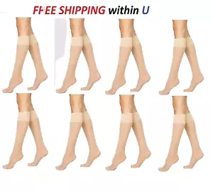 8 Pair Sheer Beige Color Nylon Knee High Stocking Pantyhose Reinforce Toe & Sole - Picture 1 of 7