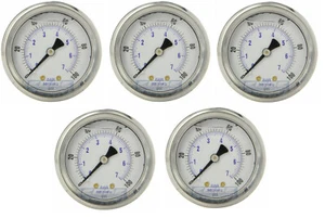 5 PACK LIQUID FILLED PRESSURE GAUGE 0-100 PSI, 2" FACE, 1/4" BACK MOUNT - Picture 1 of 3