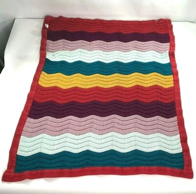 Mamas Papas Knit Chevron Baby Blanket Zig Zag Knitted 100% Cotton Red Wavy Lines - Image 1 of 4