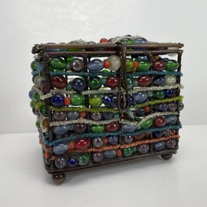 Beaded Trinket Box Jewelry Stash Engagement Multicolor Handmade Gift Vintage - Picture 1 of 7