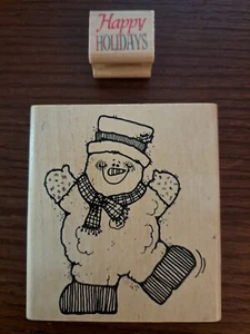 Lot of 2 Mounted Rubber Stamps Dancing Snowman & Happy Holidays  - Picture 1 of 5