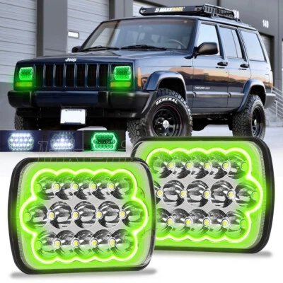 Pair 5x7" 7x6 LED Headlights Green Halo DRL Hi/Lo For 1984-2001 Jeep Cherokee XJ - Image 1 of 4
