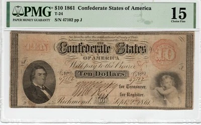T-24 PF-12 $10 1861 Confederate Paper Money - PMG Choice Fine 15 - Image 1 of 2