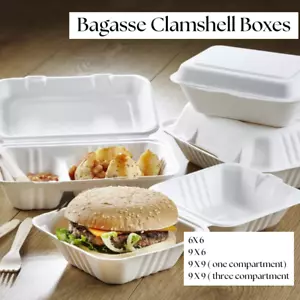 Bagasse Biodegradable Takeaway Food Containers – 6"–9" – 25–500 Pack - Picture 1 of 46