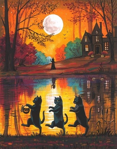 8x10 PRINT OF PAINTING RYTA WITCH BLACK CAT HALLOWEEN Folk Art Salem Landscape