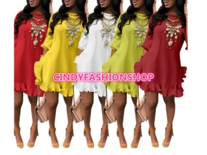 EE. UU. Moda Mujeres Mangas con medias volantes Informal ceñido al cuerpo Suelto Fruncido Mini Vestido - Imagen 1 de 20