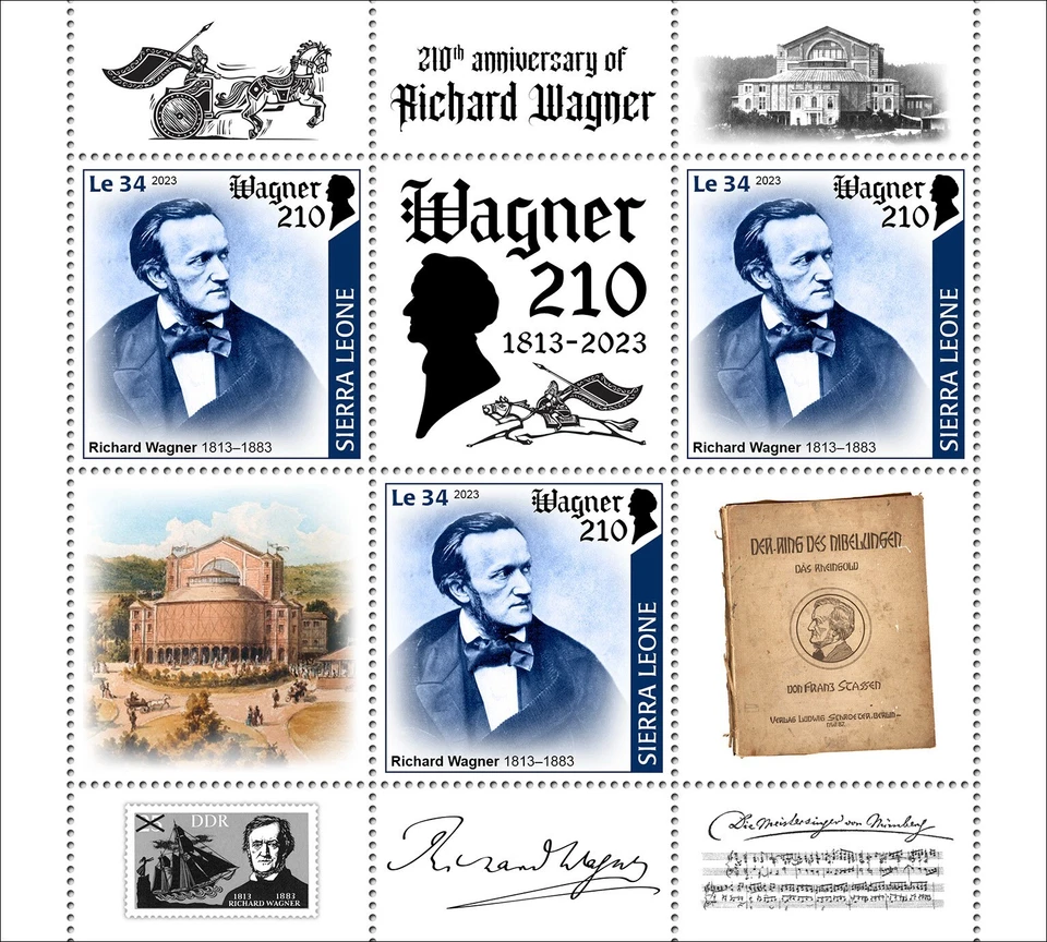 Estampillas del compositor Richard Wagner 210 aniversario MNH 2023 Sierra Leona M/S Foto 1 de 1