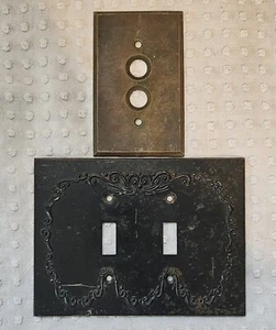 2 Vintage Salvaged Metal Wall Plates 1 Push Button 1 Decorative Double Switch - Picture 1 of 5