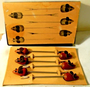 MID CENTURY MODERN BROSTROM TEAKWOOD MICE COCKTAIL FORK SET DENMARK MINT IN BOX - Picture 1 of 4