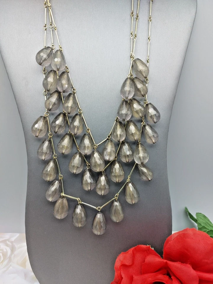 Beautiful Signed Chico's  Necklace Triple Strand Teardrop Pendants Smoky Gray - Image 1 of 4