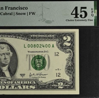2003A $2 FRN San Francisco PMG 45EPQ August 24 birthday fancy serial 00802400 - Image 1 of 3