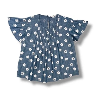 Crewcuts Girls Chambray Top Size 8 Blue Floral Ruffle Sleeve Pintuck Casual - Picture 1 of 8