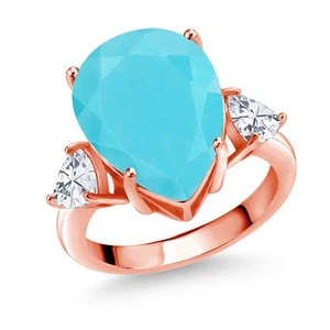 18K Rose Gold Plated Silver 3-Stone Ring Turquoise Moissanite (6.94 Cttw) - Picture 1 of 5