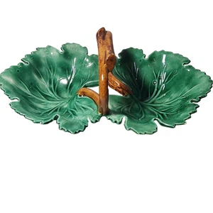 VTG 1963 Glazed Ceramic Serving Tray Condiment Nut Dish Green Ivy 2 Section OOAK - Picture 1 of 15