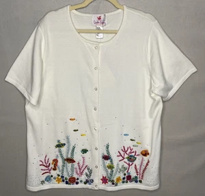 Quacker Factory Pullover Strickjacke Stickerei Pailletten Kurzarm Größe 1X Off Whi - Bild 1 von 11