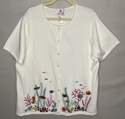 Quacker Factory Sweater Cardigan Embroidery Sequins Short Sleeve Size 1X Off Whi - Image 1 of 4