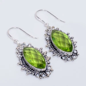 Peridot Gemstone Vintage Style Handmade 925 Sterling Silver Earrings 1.9" v338 - Picture 1 of 5