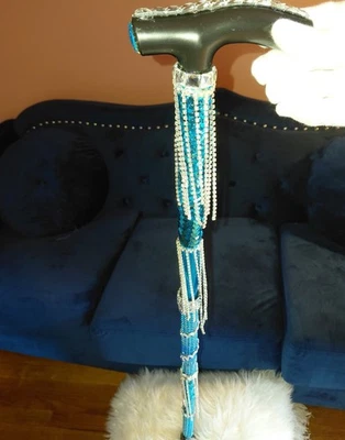NUEVO BASTÓN PARA CAMINAR HECHO A MANO METAL BLING-BLING AZUL/PLATEADO -AJUSTE PLEGABLE-33-37" Foto 1 de 4