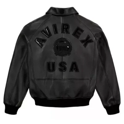 Men’s Black Avirex American Flight Bomber Jacket – 100% Genuine Cowhide Leather - Image 1 of 4
