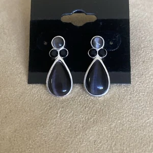 Shiny Silvertone Black Cabochon Round Teardrop Faux Onyx Dangle Pierced Earrings - Picture 1 of 10