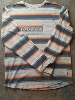 VOLCOM Long Sleeve Crew Neck Thermal Shirt Beige Stripes Orange Black  SZ XL - Image 1 of 4