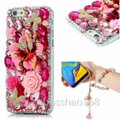  Handmade Bling Diamond Soft  Rose flower Phone Case Cover + Strap - Image 1 of 3
