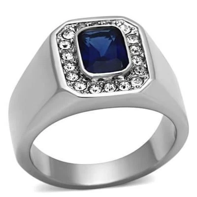 Mens sapphire ring cz blue silver pinky signet stainless steel all sizes 954 - Image 1 of 4