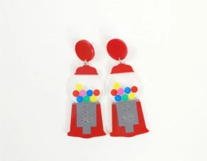 Retro Red Kitsch Candy Vending Machine Gunball Quirky Funky Dangle Earrings - Picture 1 of 4
