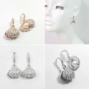 E0405 Dainty Rhinestones Pearl Deco Shell Clam Shape Mini Dangle Hook Earrings - Picture 1 of 11