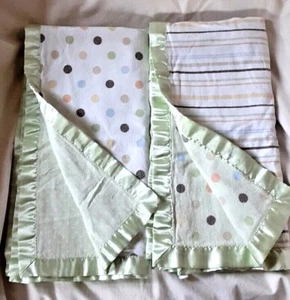 Just Born Set of 2 Green Polka Dot Striped Fannel Baby Blankets Satin Trim - Picture 1 of 5
