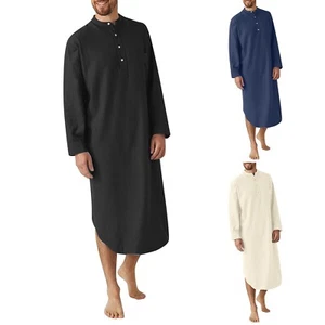 Men's Casual Solid Hooded Muslim Robe Long Sleeve Button Pocket Jubba Thobe - Picture 1 of 30