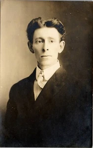  Vintage RPPC Photo Postcard Early 1900's Man Studio Portrait Fabulous Hair Cut  - Picture 1 of 3
