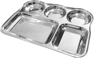Stainless Steel 5 Compartment Dinner Plate, Mess Tray, Divided Plate, Reusable. - Picture 1 of 3