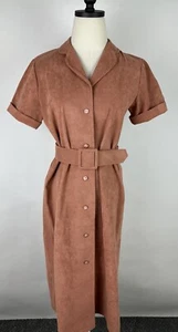 Vestido Vintage Años 70 80 Imitación Gamuza S Marrón Óxido Ultragamuza Cinturón Botón Delantero - Imagen 1 de 14